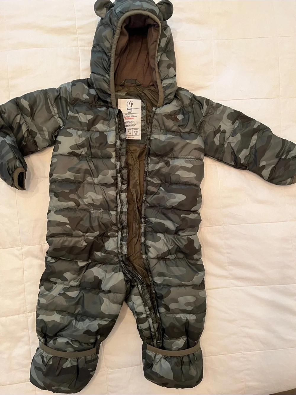 GAP Baby Camouflage Puffer Snowsuit in Olive and Gray